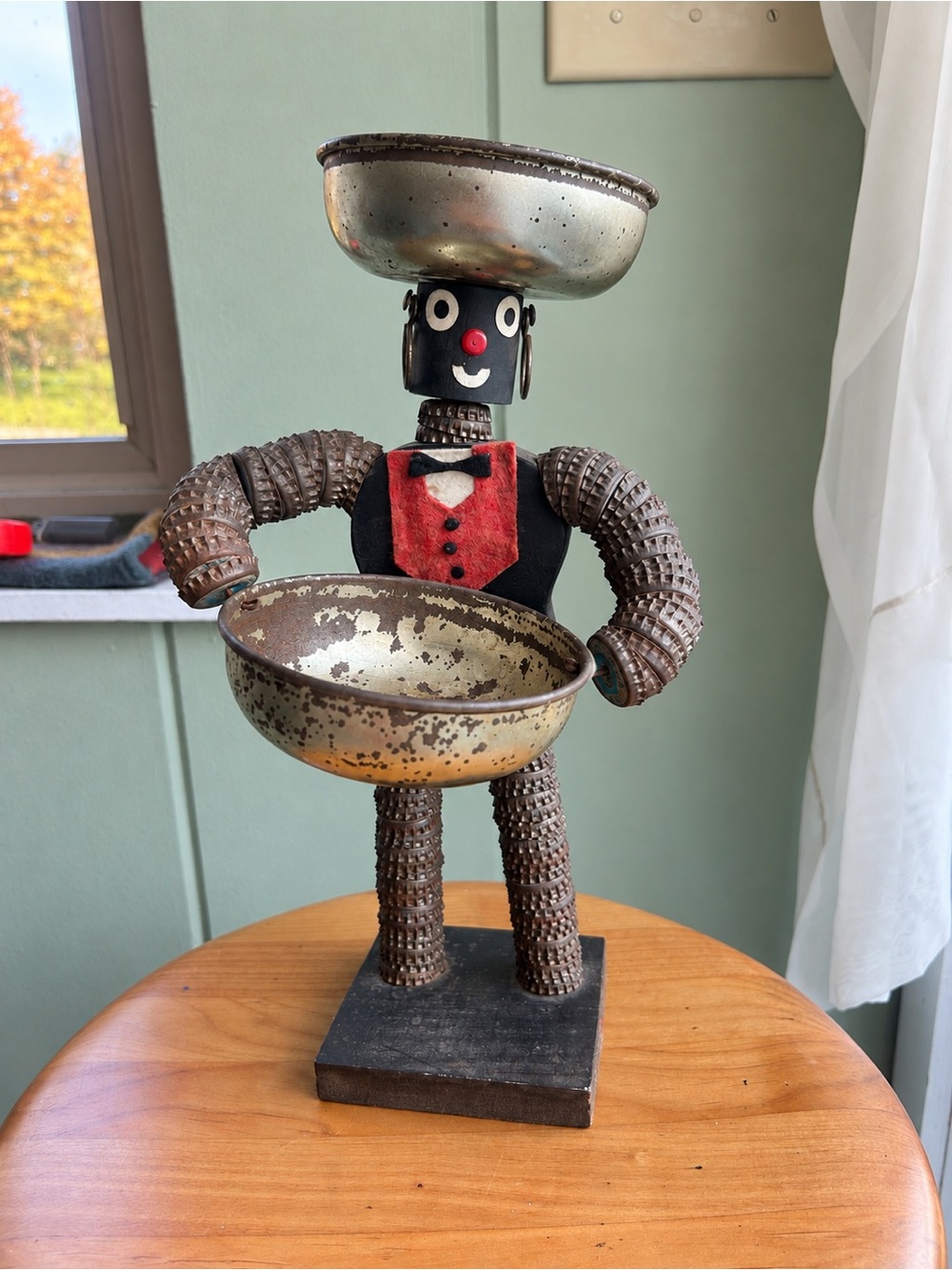 Bottle Cap Folk Art Waiter Sculpture Metal Bowls Wood Assemblage Decor